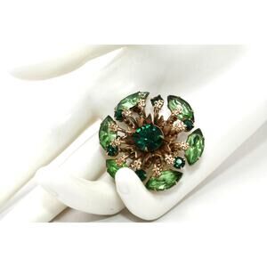 Vintage 1950s Green Rhinestone Floral Brooch Marquise Glass Gold Tone